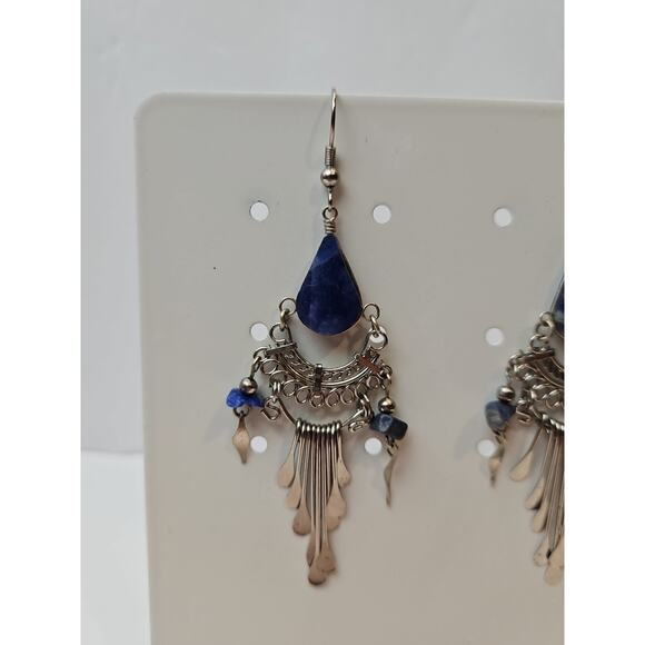 Silver Tone Metal Blue Stone Chandelier Dangle Hook Earrings - Picture 3 of 4